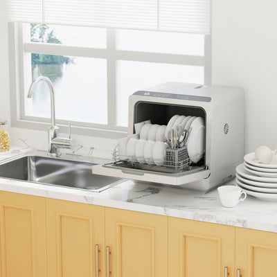HOMCOM Table Top Dishwasher, Mini Countertop Dishwasher with Built-in 6L Water Tank, 6 Programs, Touch Control, LED Display, 4 Place Settings, Dual Water Supply and Fruit Wash Mode, Silver Tone 