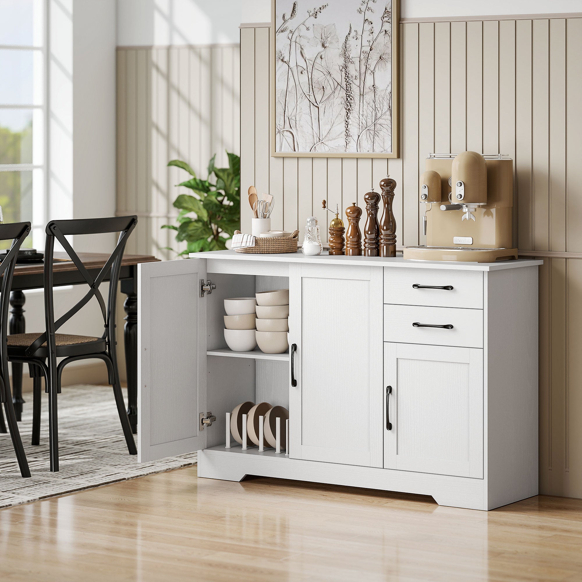HOMCOM Sideboard with 2 Drawers Modern Storage Cabinet, Kitchen Cupboard with Adjustable Shelf and 3 Doors White 