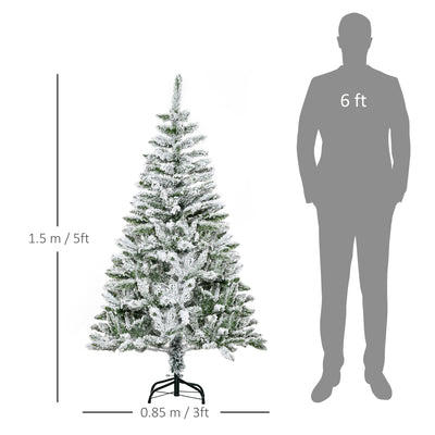 HOMCOM 5 Ft Snow Flocked Artificial Christmas Tree Xmas Pine Tree with Realistic Branches, Auto Open and Steel Base, Green 