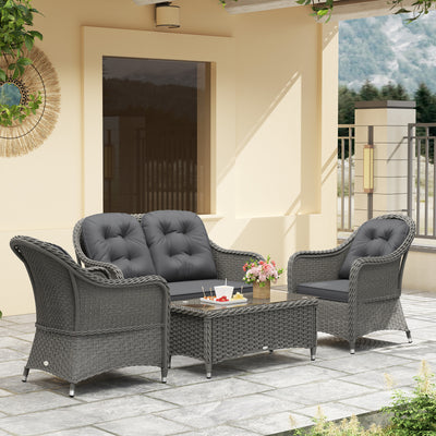 Outsunny Four-Piece Rattan Sofa Set, with Glass-Top Table - Light Grey 