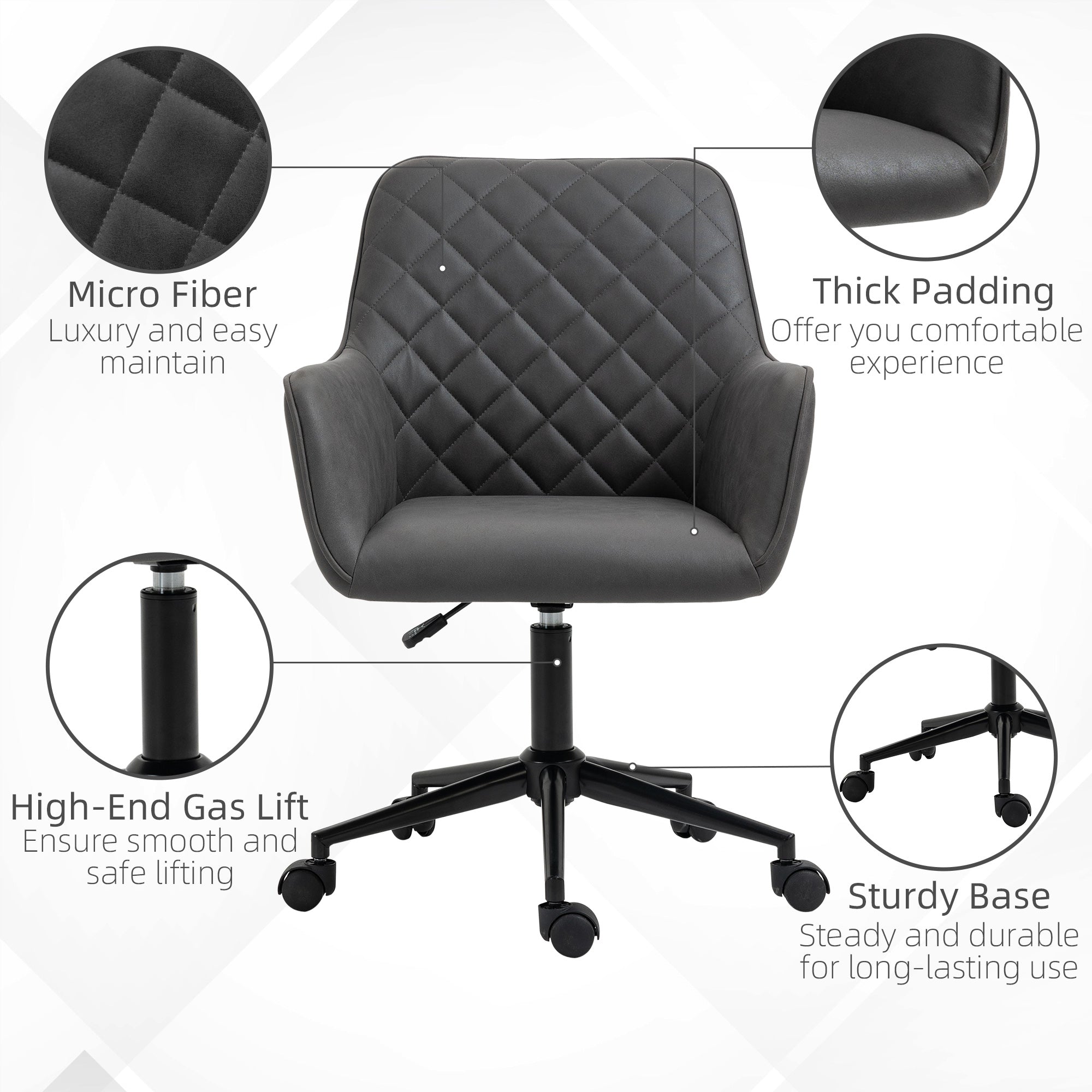 Vinsetto Office Desk Chair, Leather-Feel Fabric Computer Swivel Chair with Rolling Wheels and Adjustable Height for Home, Grey 