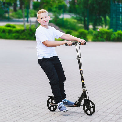 HOMCOM Kids Foldable Kick Scooter w/ Adjustable Height, Break, Big Wheels, for Ages 7-14 Years - Black 