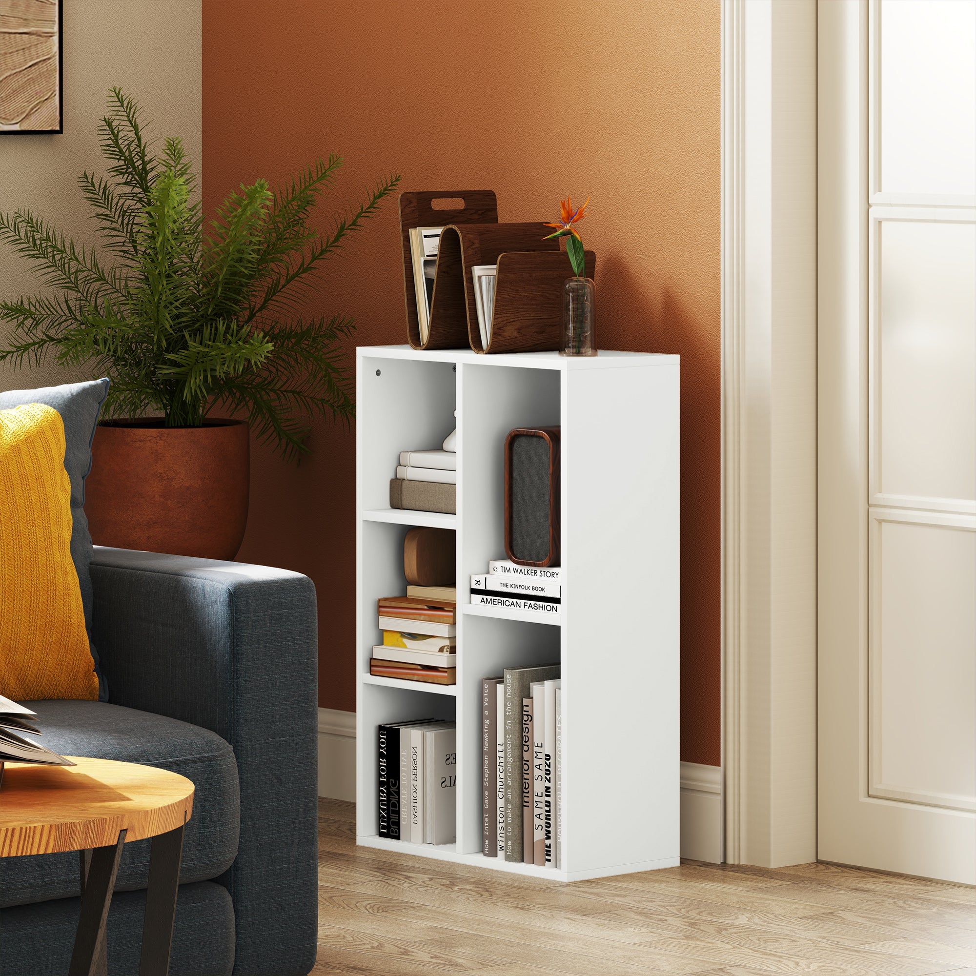 HOMCOM 2-Tier Bookshelf with 5 Compartments - White 