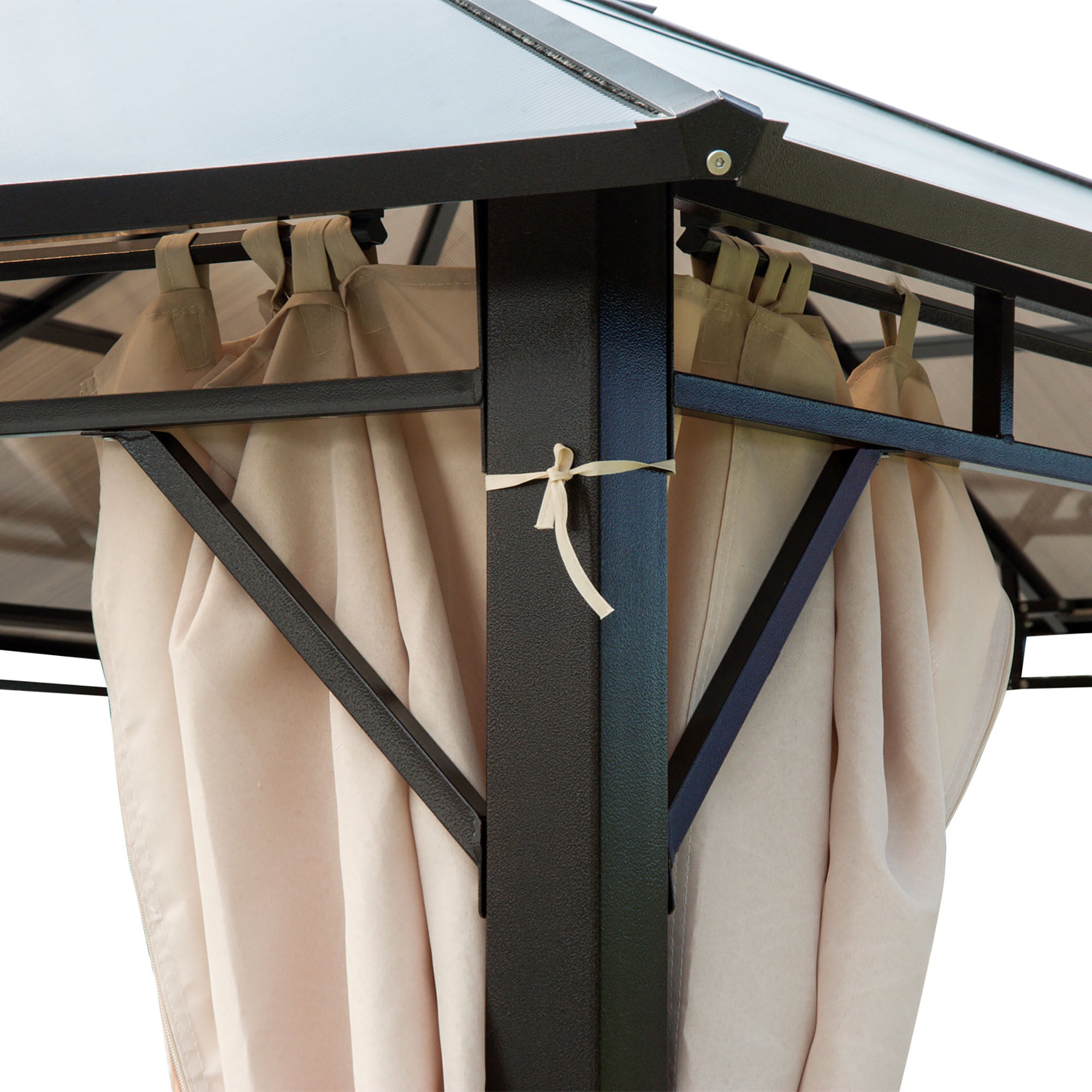 Outsunny 3 x 3.6m Hardtop Gazebo Canopy with Polycarbonate Roof Garden Pavilion with Removable Curtains and Steel Frame, Brown 