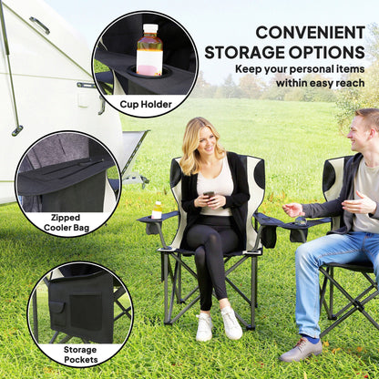 Outsunny Set of 2 Folding Camping Chairs, Padded Camping Chairs with Adjustable Armrests, Portable & Lightweight Folding Camp Chair with Cooler Bag, Cup Holder and Side Pockets, Black 