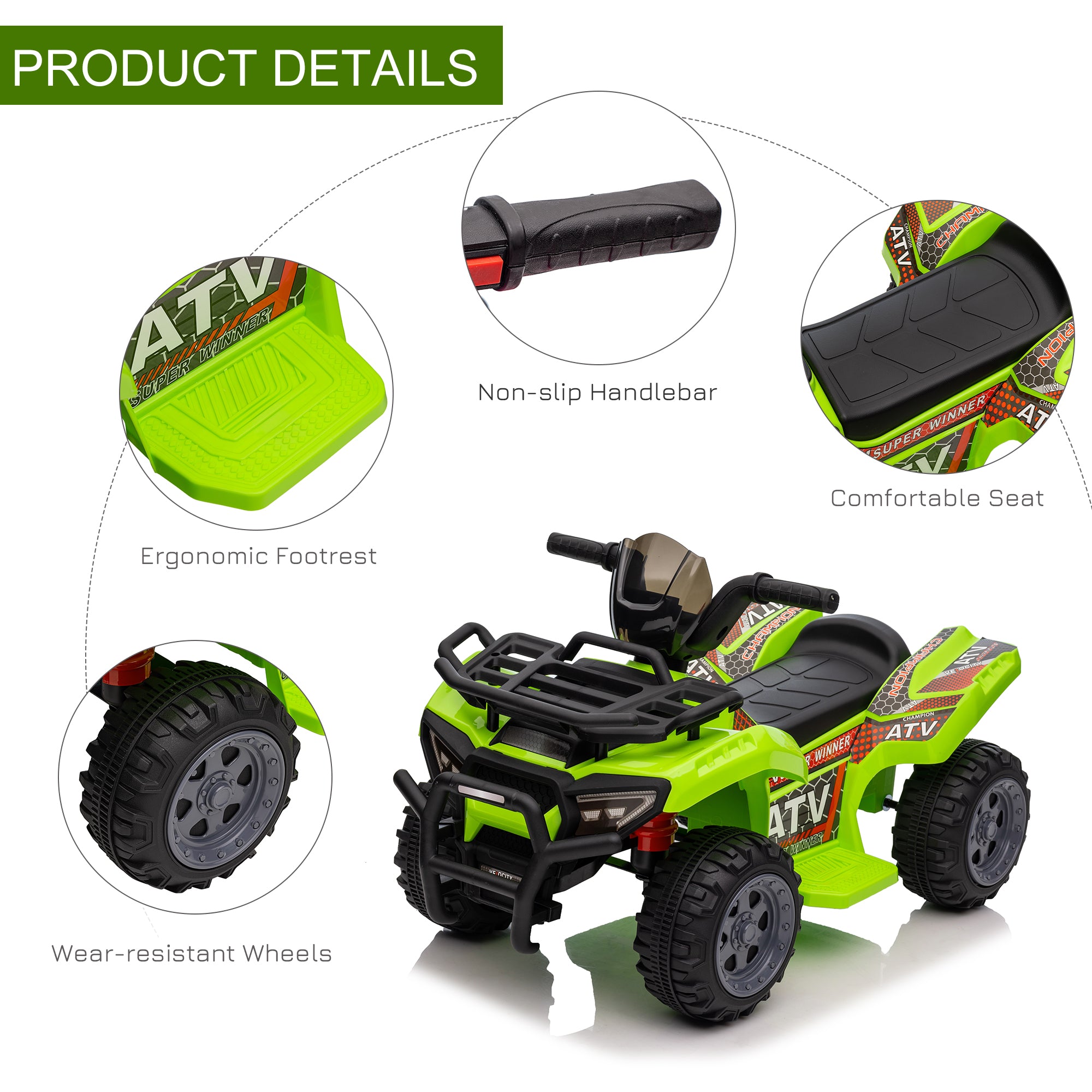 HOMCOM 6V Kids Electric Ride on Car Toddlers Quad Bike All Terrain Vehicle Toy With Music for 18-36 months Green 
