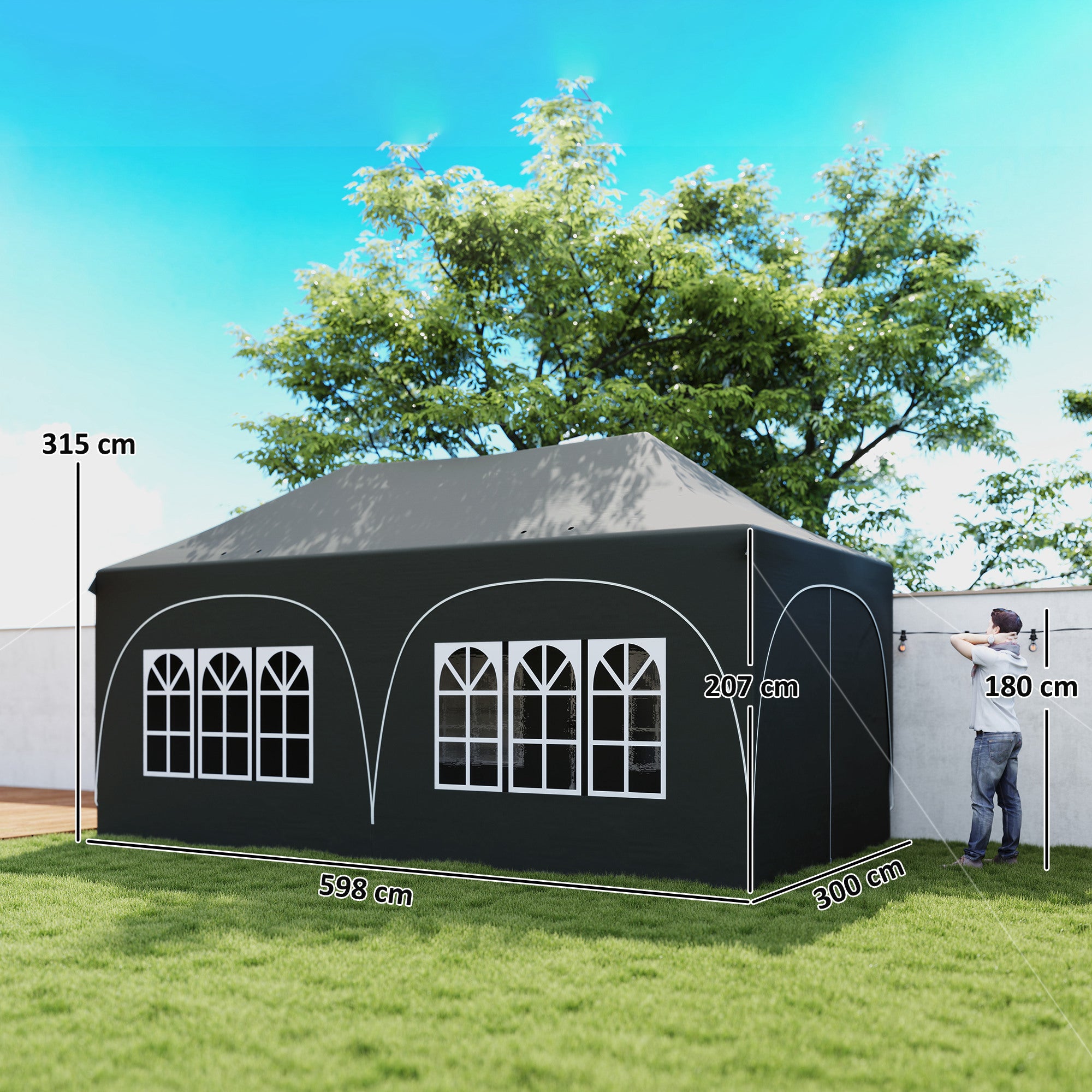 Outsunny 3 x 6m Pop Up Gazebo Shelter with Sides, 6 Sandbags, Peak Top Garden Party Tent Marquee with Carry Bag, Dark Grey 