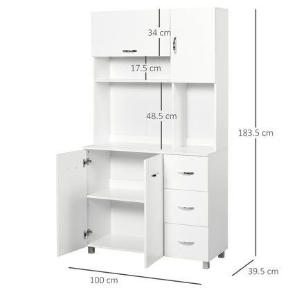 HOMCOM Kitchen Cupboard, 183cm Tall Storage Cabinet with Countertop, Sideboard with 3 Drawers, 4 Doors and Open Shelves, 100W x 39.5D x 183.5H cm, White 