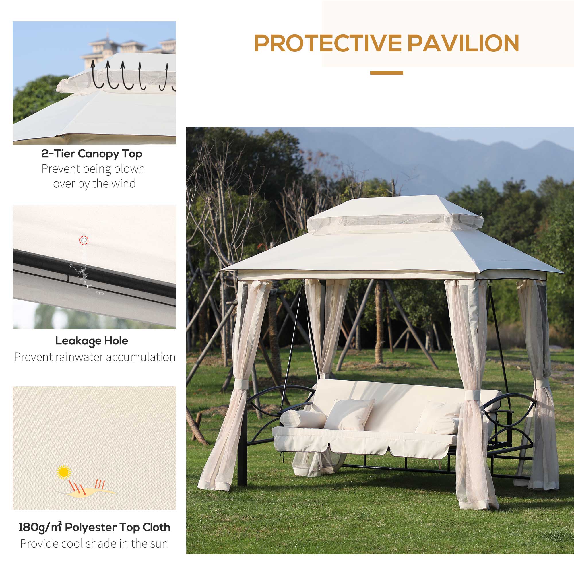Outsunny 2-in-1 Convertible Gazebo Swing Chair Bed W/Netting, 245Lx165Wx243H cm-Beige/Black 