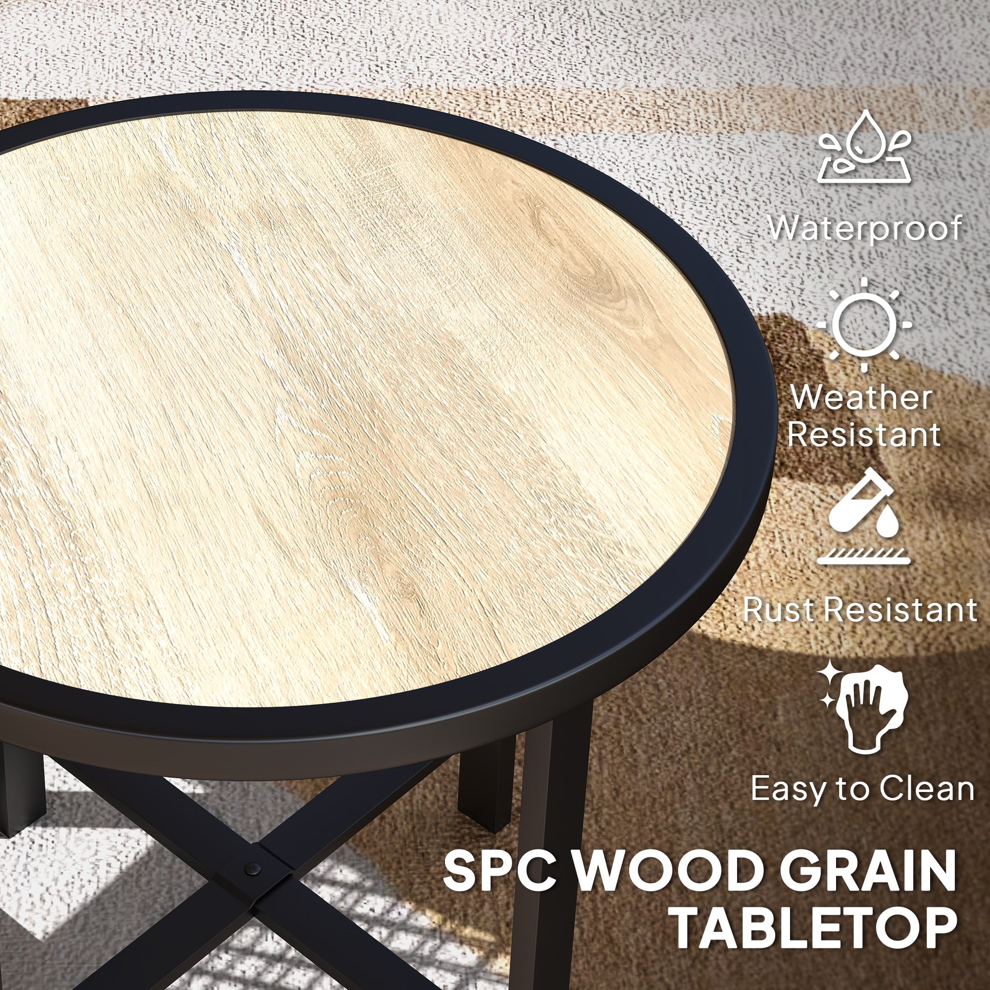 Outsunny Round Small Garden Table, 50.5cm Outdoor Side Table with SPC Tabletop, Metal Frame and Anti-slip Foot Pads for Garden, Balcony, Nature Wood Finish 