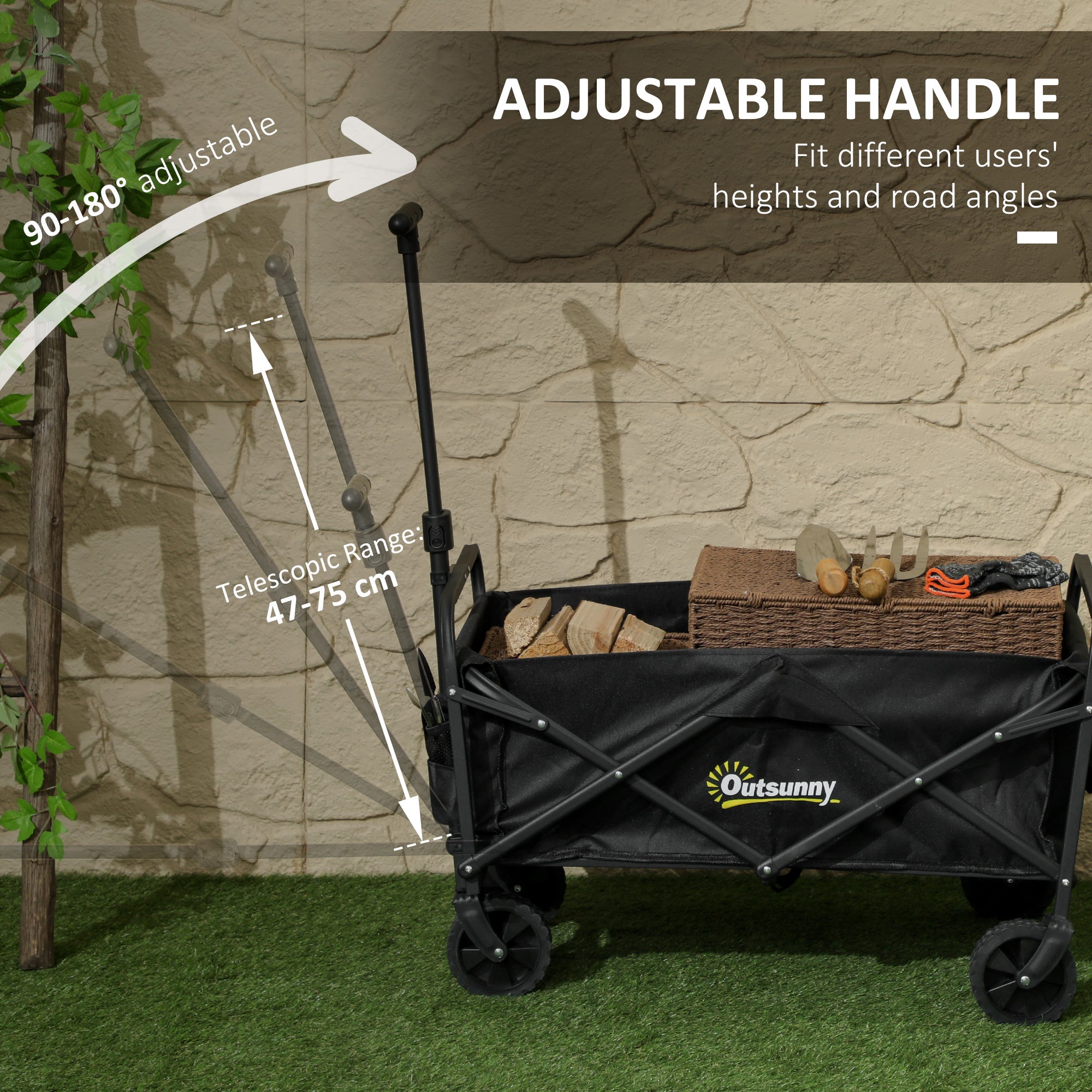Outsunny 62L Festival Trolley on Wheels, Garden Folding Trolley Cart, 120kg Heavy Duty Collapsible Folding Wagon with Adjustable Handle and Carrying Bag for Beach, Camping, Festival, Black 