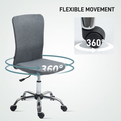 HOMCOM Armless Computer Desk Chair, Fabric Swivel Office Chair, Makeup Vanity Chair with Height Adjustable, Wheels, for Home Study Bedroom, Grey 