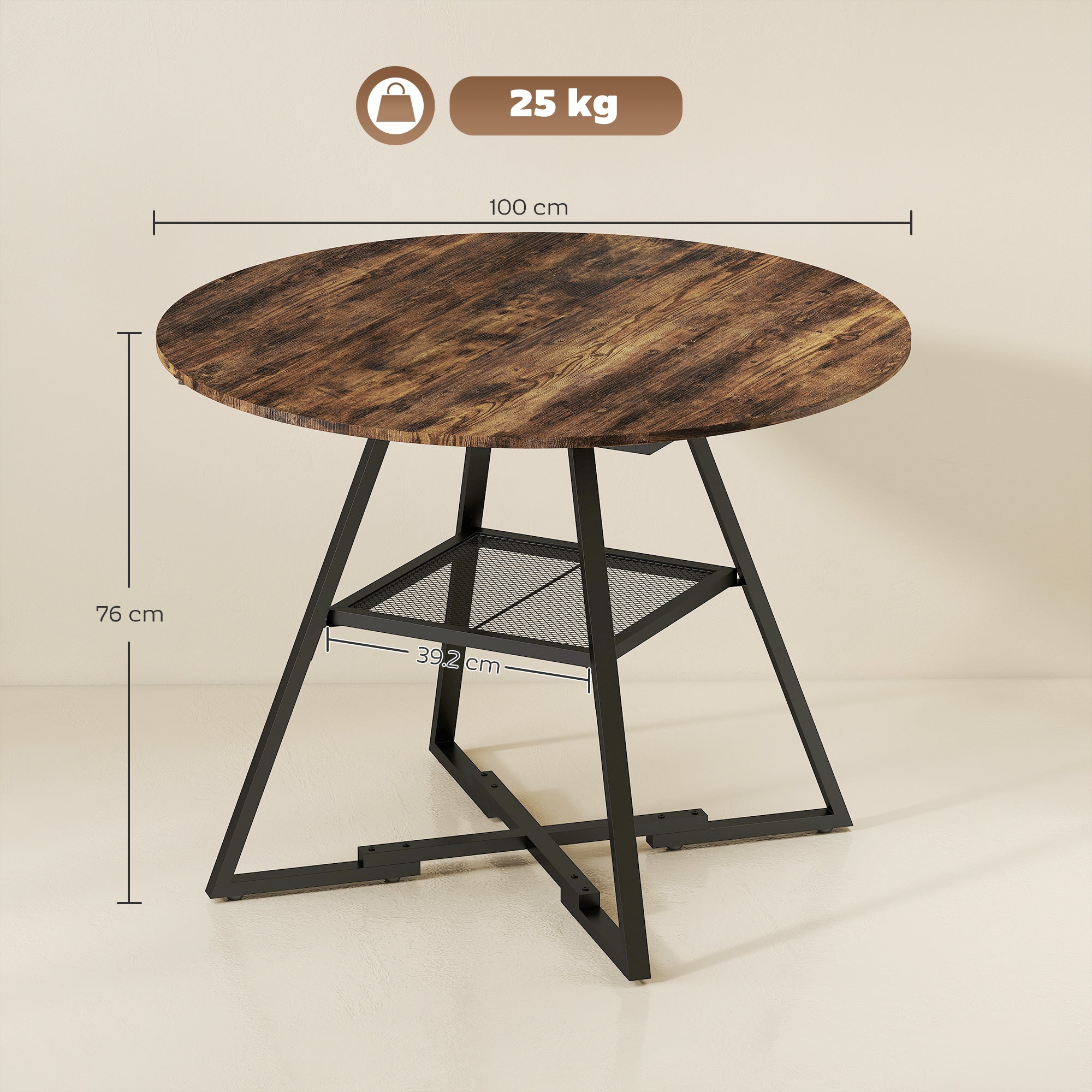 HOMCOM Dining Table for 4 People, 100 cm Round Industrial Kitchen Table with Storage Shelf, Rustic Brown 