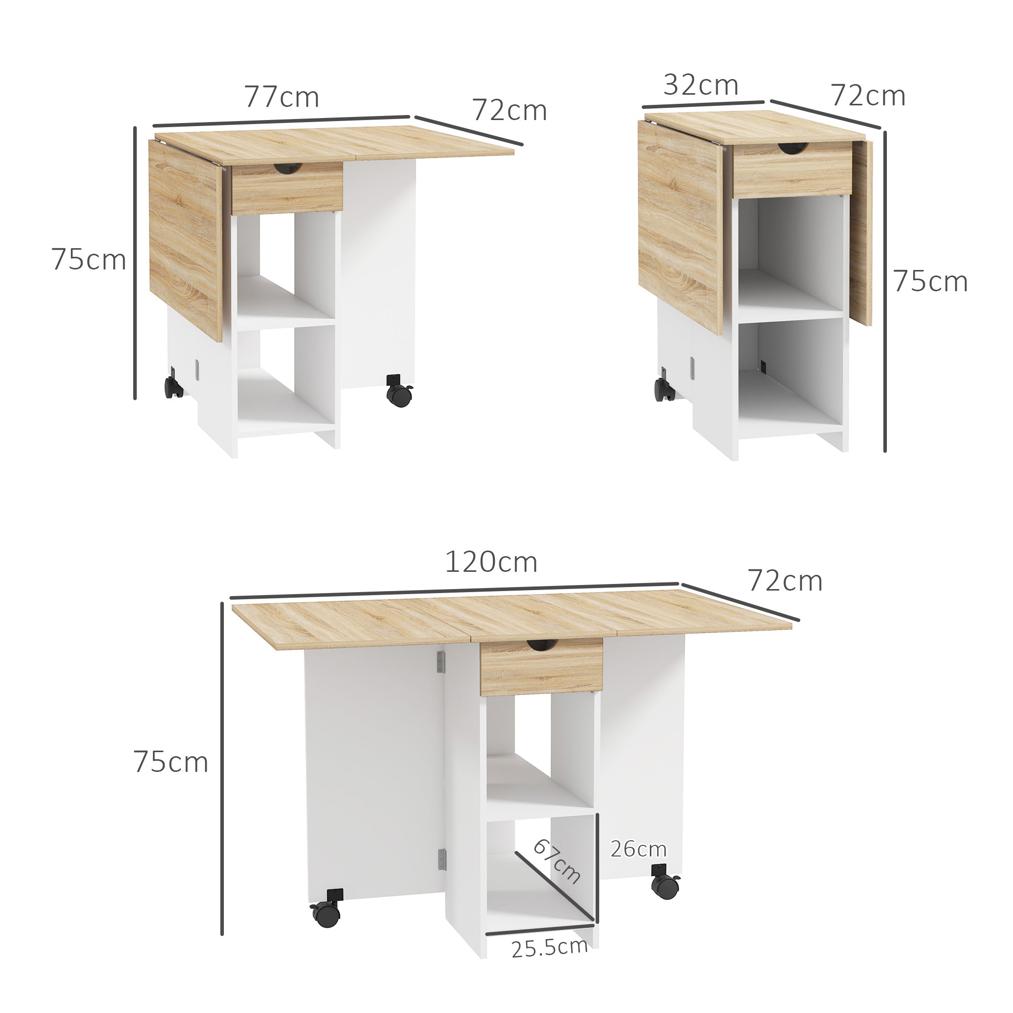 HOMCOM Folding Dining Table, Drop Leaf Table for Small Spaces, Foldable Table with Drawer and Storage Shelves for Kitchen, Dining Room, Oak 