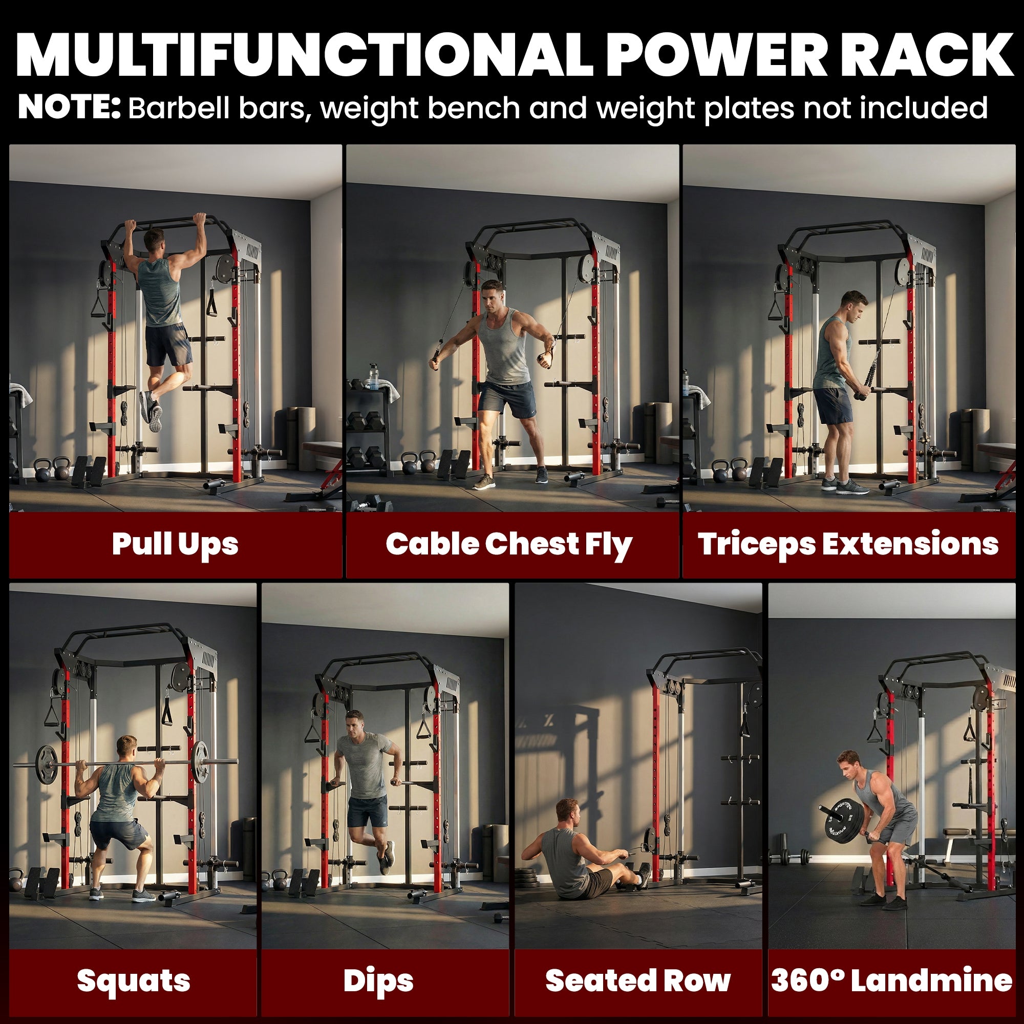 SPORTNOW Power Cage, Power Rack with Adjustable Cable Pulley System, Pull-Up Bar, Dip Station, Landmine 