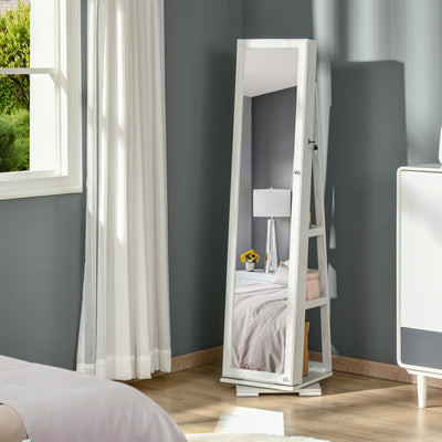 HOMCOM 360° Swivel Jewellery Cabinet, Mirror Armoire, Full Length Mirror, Lockable Jewellery Organiser with Built-In Small Mirror, White 