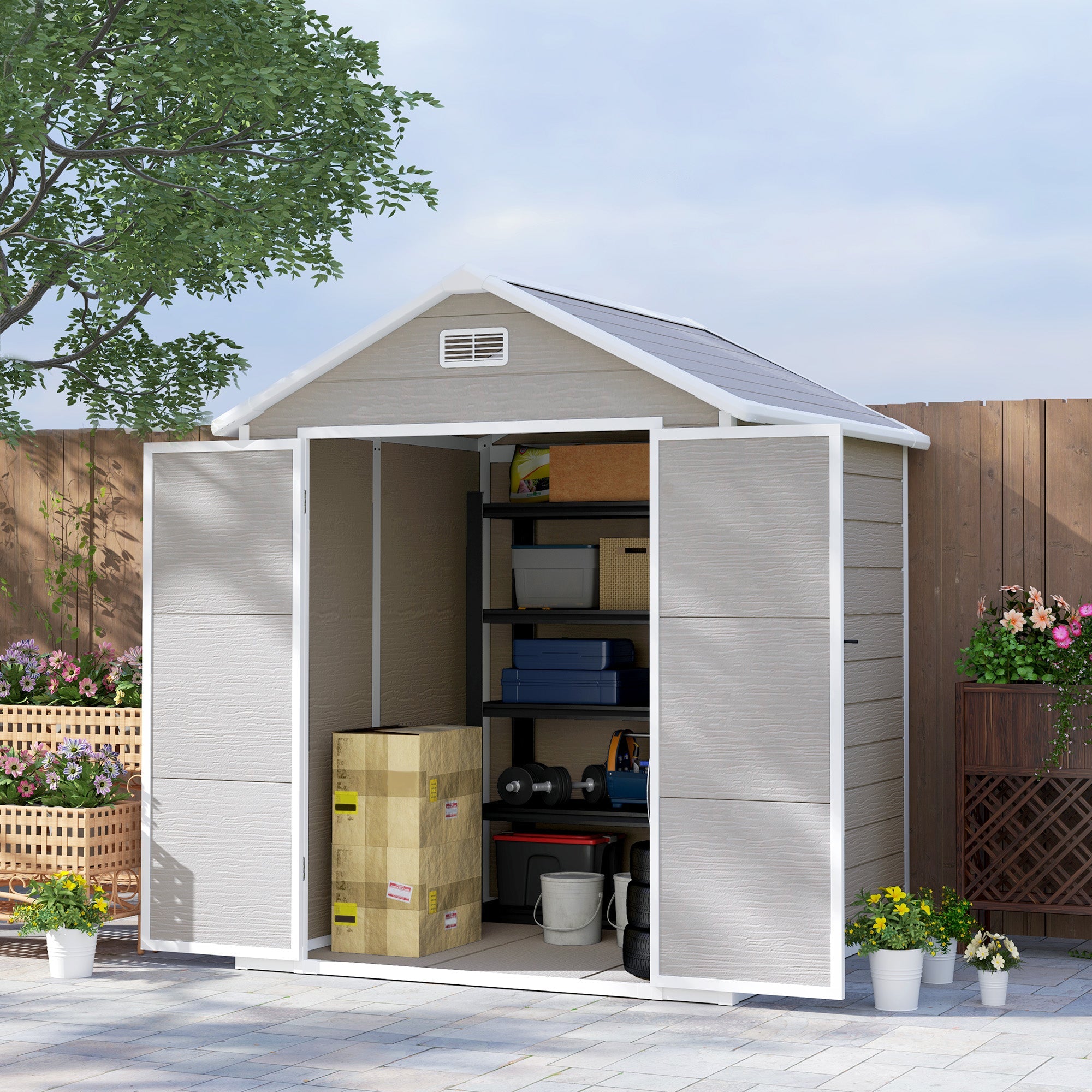 Outsunny 6 x 5ft Garden Shed, Plastic Shed with Floor, Window, Lockable Doors and Vents, Wood Effect Resin Tool Shed for Outdoor Patio, Dark Grey 