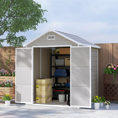 Outsunny 6 x 5ft Garden Shed, Plastic Shed with Floor, Window, Lockable Doors and Vents, Wood Effect Resin Tool Shed for Outdoor Patio, Dark Grey 