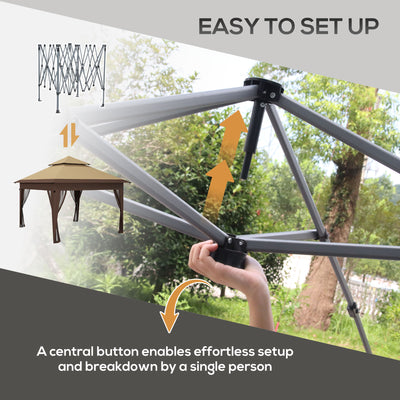 Outsunny 3 x 3(m) Pop Up Gazebo with Mosquito Netting, 1 Person Easy up Marquee Party Tent with 1-Button Push, Double Roof, Carry Bag, Sandbags, Height Adjustable Instant Shelter, Khaki 