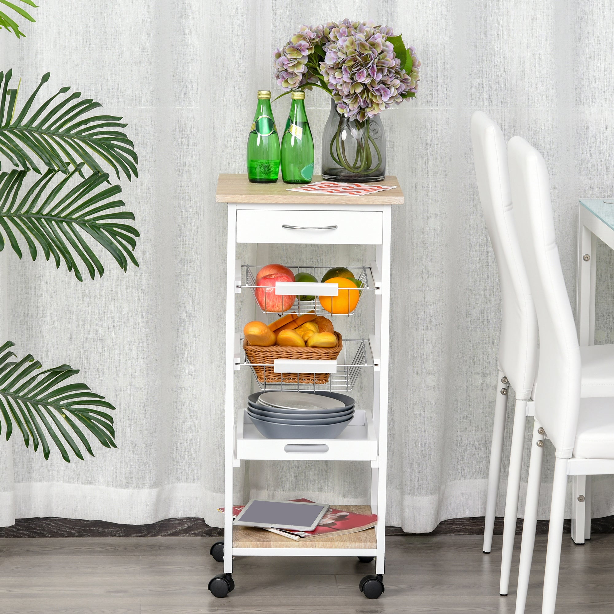 HOMCOM Mobile Rolling Kitchen Island Trolley for Home w/ Metal Baskets Trays Shelves Wheels Compact Stylish Storage White 