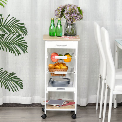 HOMCOM Mobile Rolling Kitchen Island Trolley for Home w/ Metal Baskets Trays Shelves Wheels Compact Stylish Storage White 