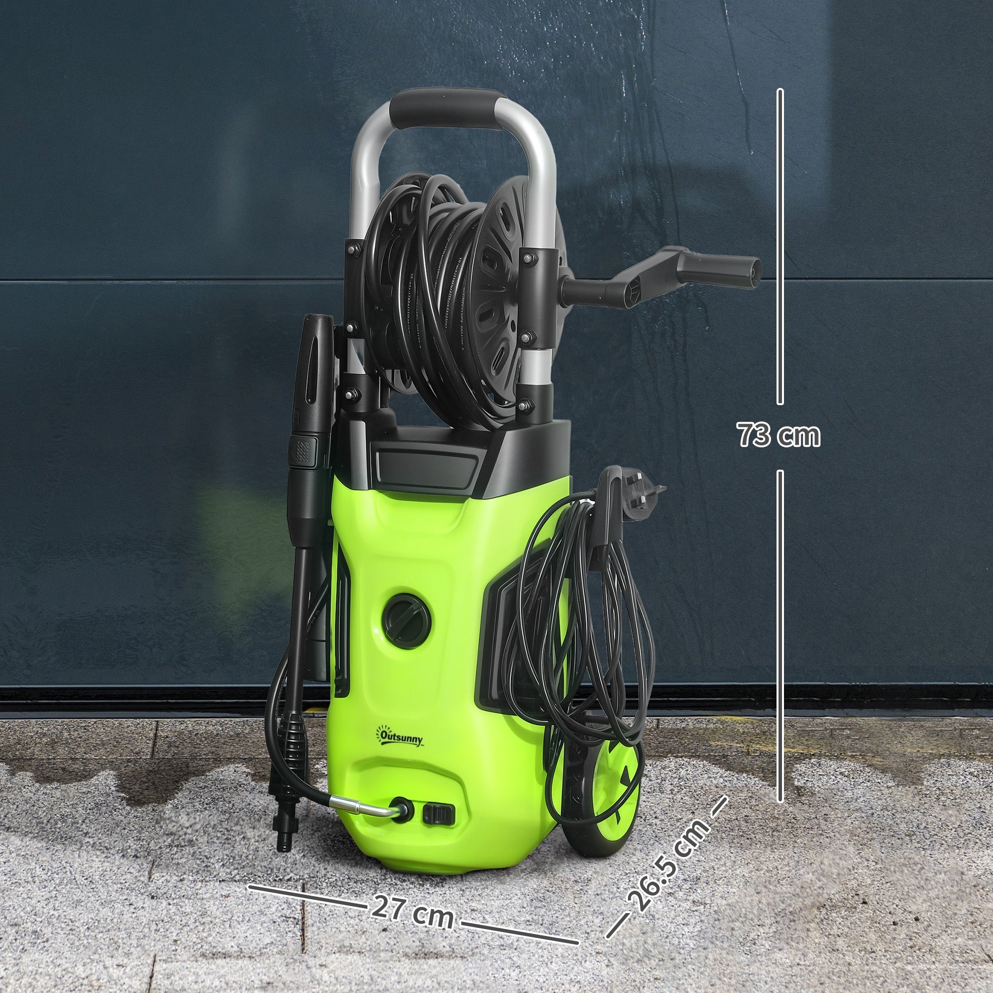 Outsunny 1800W High Pressure Washer, 150 Bar Pressure, 420 L/h Flow, Portable Power Washer Jet Wash Cleaner with Adjustable Nozzle, 6M Hose, Hose Reel, Steel Handle for Home Patio Car Driveway, Green 