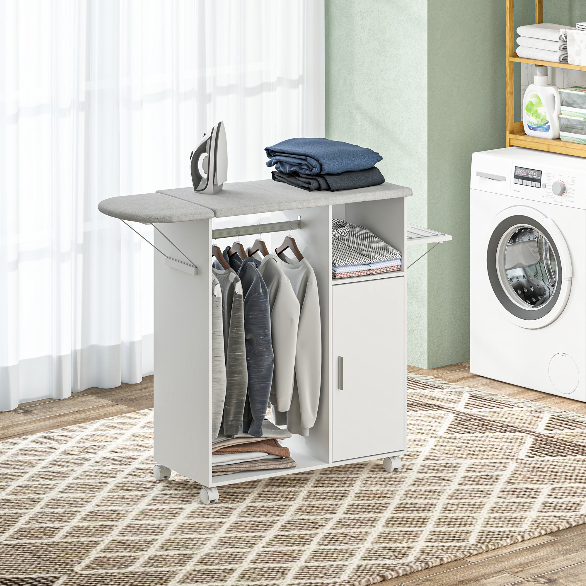 HOMCOM Rolling Ironing Board Cabinet, Foldable Ironing Station with Storage, Wheels for Home, Laundry Room, White 
