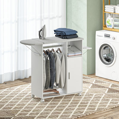 HOMCOM Rolling Ironing Board Cabinet, Foldable Ironing Station with Storage, Wheels for Home, Laundry Room, White 