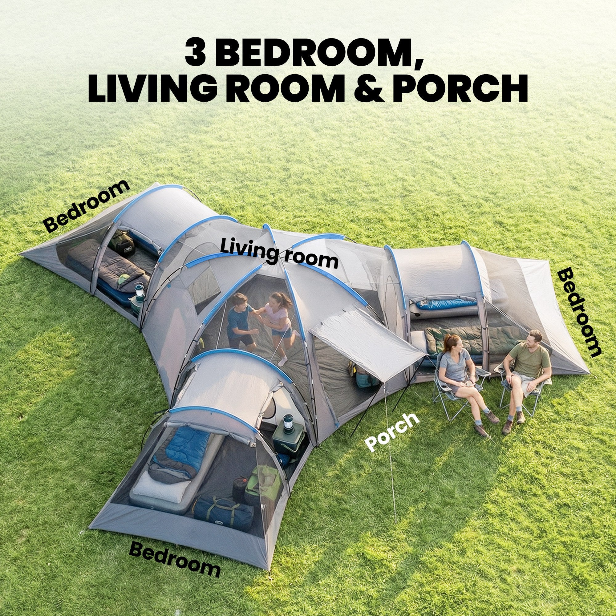 Outsunny 6-9 Man Large Tunnel Tent with 3 Bedrooms, Living Area and Porch, Stand-up Camping Tent, Portable with Bag, Light Grey 