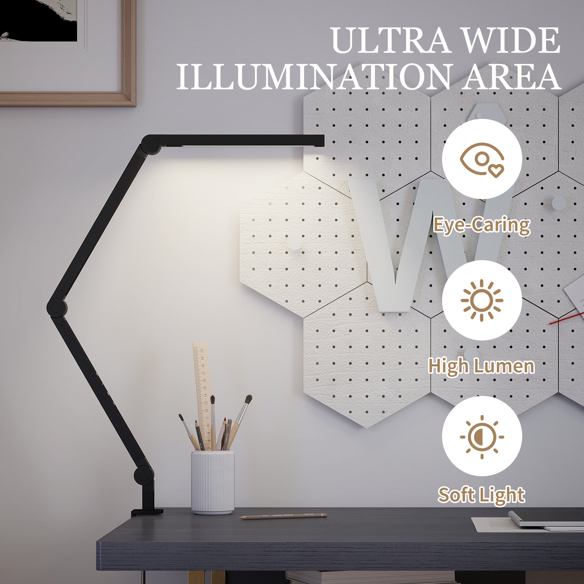 HOMCOM LED Desk Lamp, Dimmable Desk Light with Swing Arm and Clamp, Adjustable Eye-Caring Table Lamp with 2 Colour Modes & 5 Brightness Levels for Study, Drawing, Office, Architect, Task, Black 