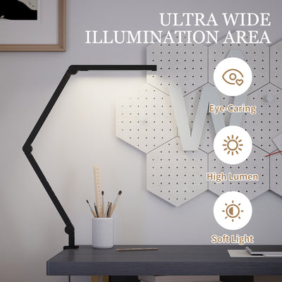 HOMCOM LED Desk Lamp, Dimmable Desk Light with Swing Arm and Clamp, Adjustable Eye-Caring Table Lamp with 2 Colour Modes & 5 Brightness Levels for Study, Drawing, Office, Architect, Task, Black 