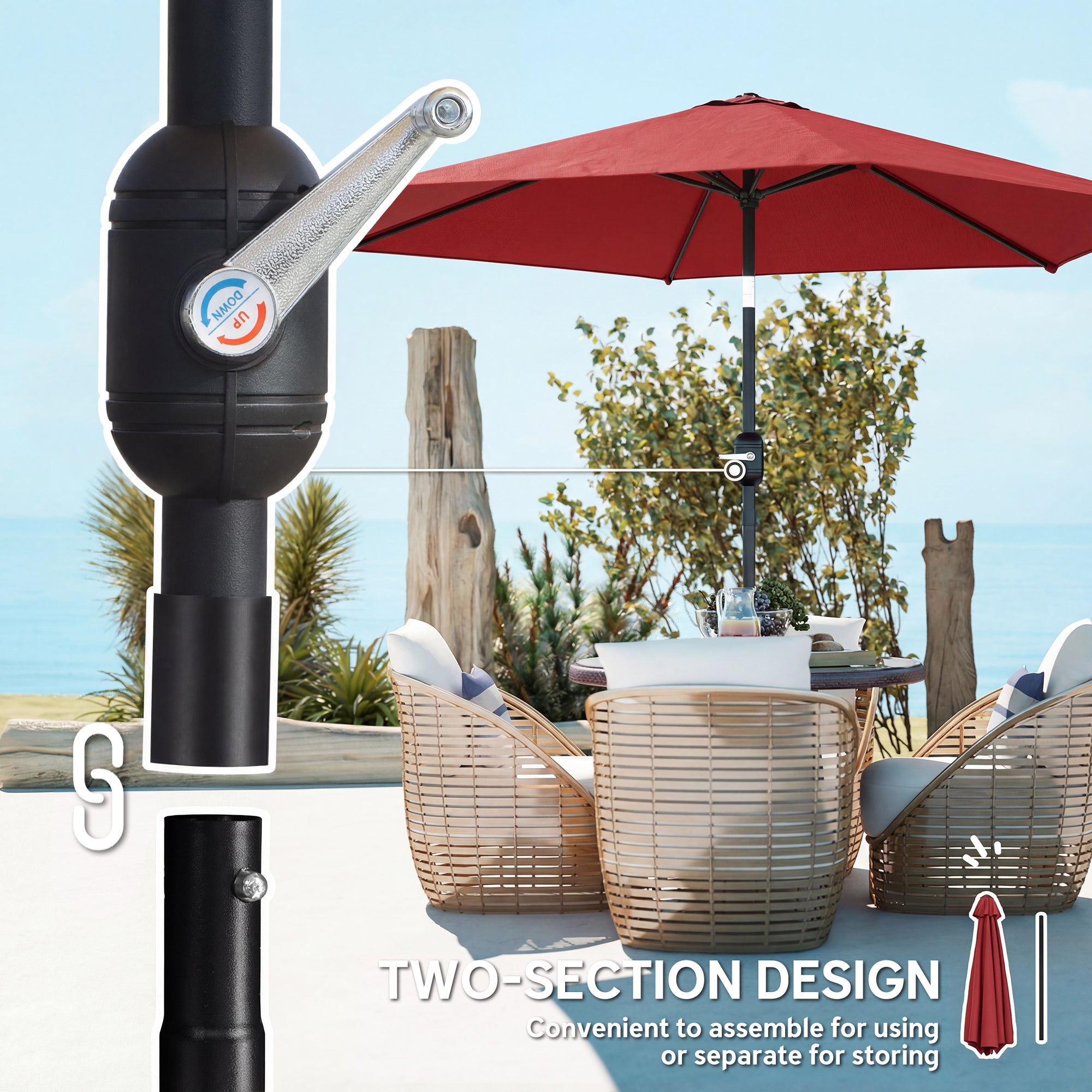 Outsunny 2.6 m Garden Parasol Umbrella with Aluminium Pole, Outdoor Patio Umbrella with Tilt and Crank, Vent, Wine Red 