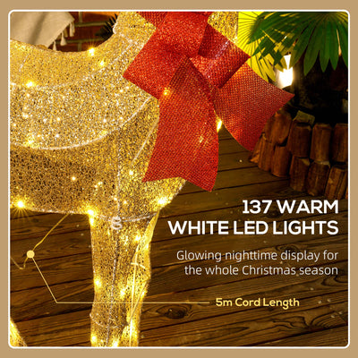 Outsunny Lighted Reindeer Christmas Decoration, Light Up Christmas Deer with 137 LED Lights for Indoor, Outdoor, Garden, Lawn, Gold Tone 