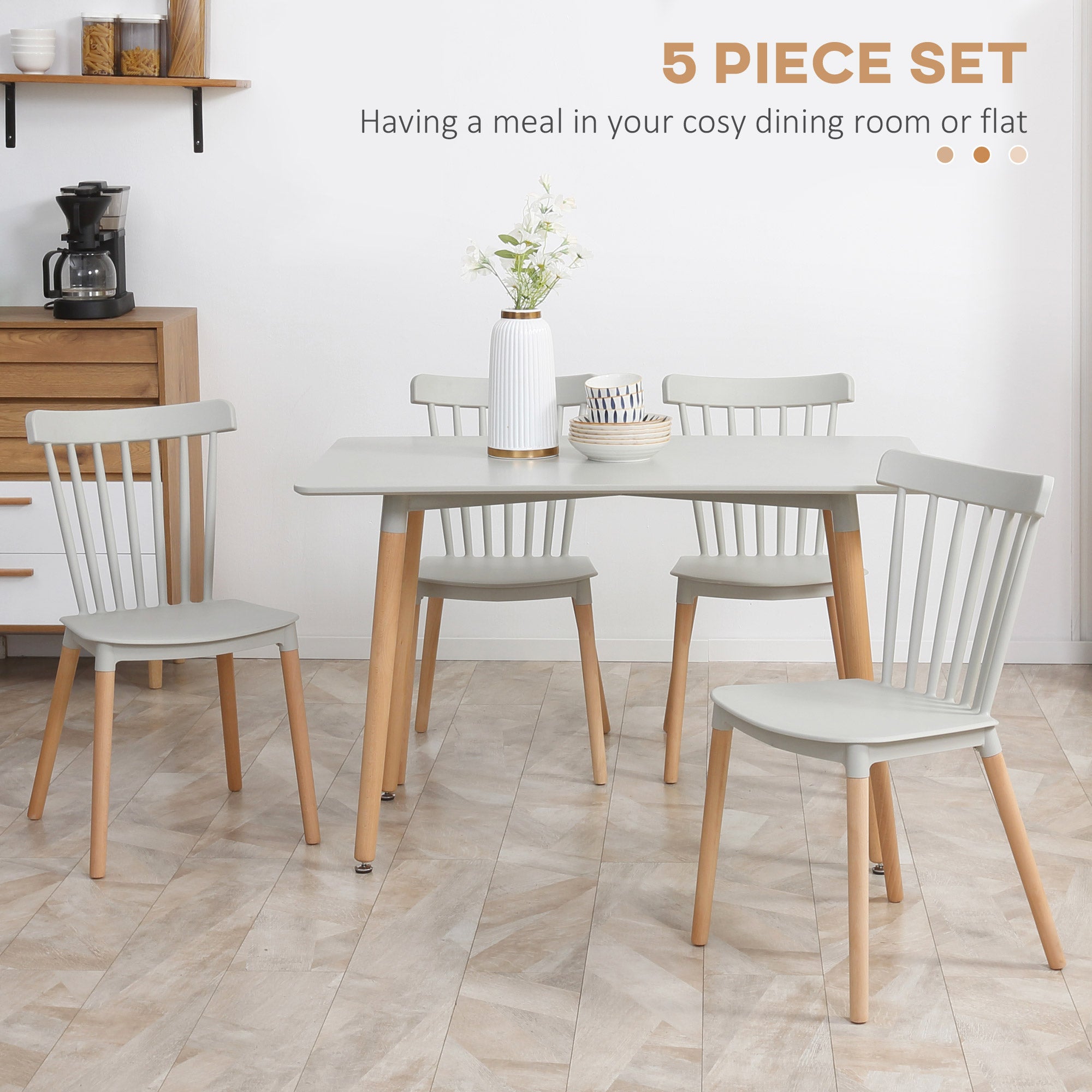 HOMCOM 5 Piece Dining Table Set with Beech Wood Legs, Space Saving Table and 4 Chairs for Small Kitchens, Grey 