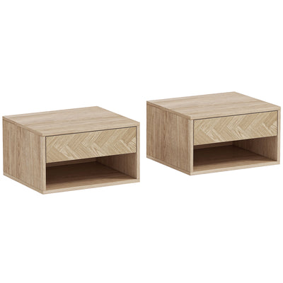 HOMCOM Set of Two Floating Bedside Tables - Natural Wood Finish 