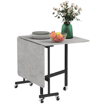 HOMCOM Mobile Drop Leaf Table, Folding Dining Table with 6 Wheels & Brakes, Kitchen Table for Small Spaces, Grey Marble Effect 