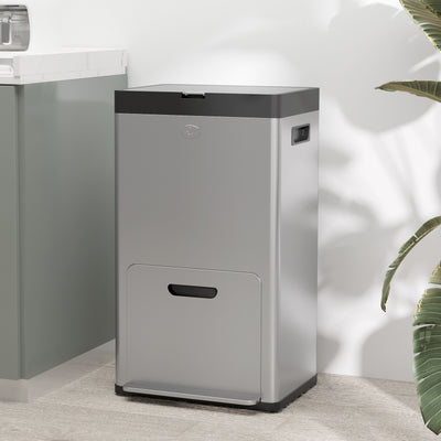 HOMCOM 56L Triple Compartment Stainless Steel Kitchen Bin, with Deodoriser Holders and Wheels - Silver Tone 
