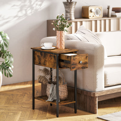 HOMCOM Narrow Side Table with Drawer and Storage Shelf - Rustic Brown 