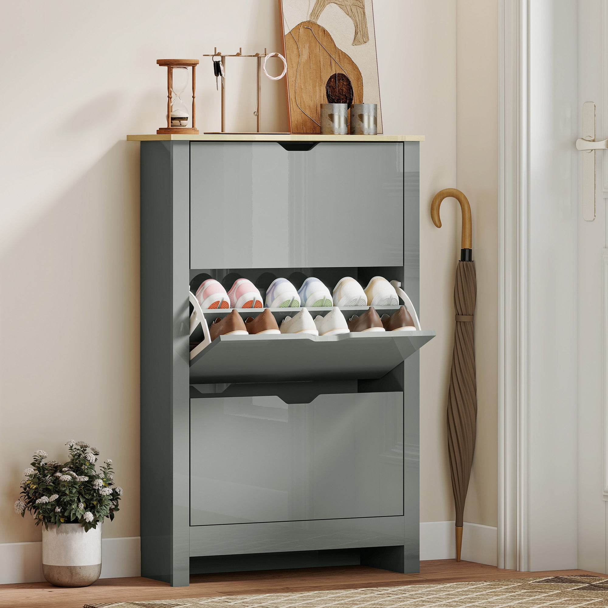 HOMCOM Slim Shoe Cabinet, Narrow Shoe Cupboard with 3 Flip Drawers, Adjustable Shelves for 18 Pairs of Shoes, Light Grey 