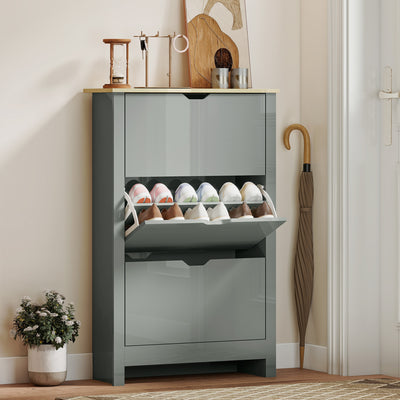 HOMCOM Slim Shoe Cabinet, Narrow Shoe Cupboard with 3 Flip Drawers, Adjustable Shelves for 18 Pairs of Shoes, Light Grey 
