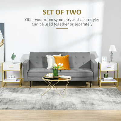 HOMCOM Modern Bedside Table, Nightstand with Drawer Shelf, Side Table for Living room, Bedroom White and Gold, Set of 2 