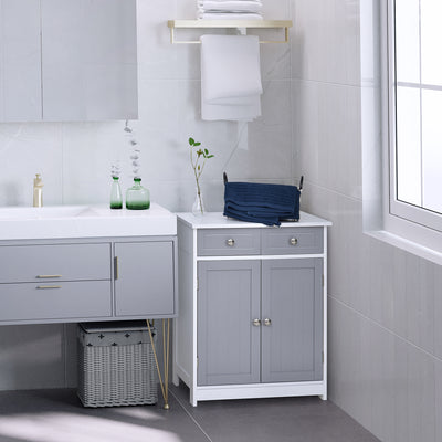 kleankin 75x60cm Freestanding Bathroom Storage Cabinet Unit w/ 2 Drawers Cupboard Adjustable Shelf Metal Handles Traditional Style Grey White 