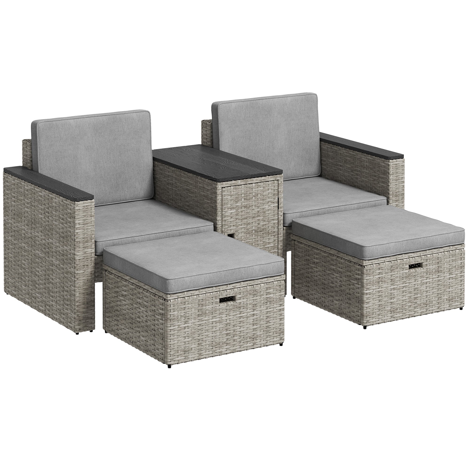 Outsunny 5 Piece Rattan Garden Furniture Set, Nesting Outdoor Furniture Conversation Set with 2 Footstools, WPC Storage Coffee Table and Cushions, Wicker Garden Sofa for Conservatory, Terrace, Grey 