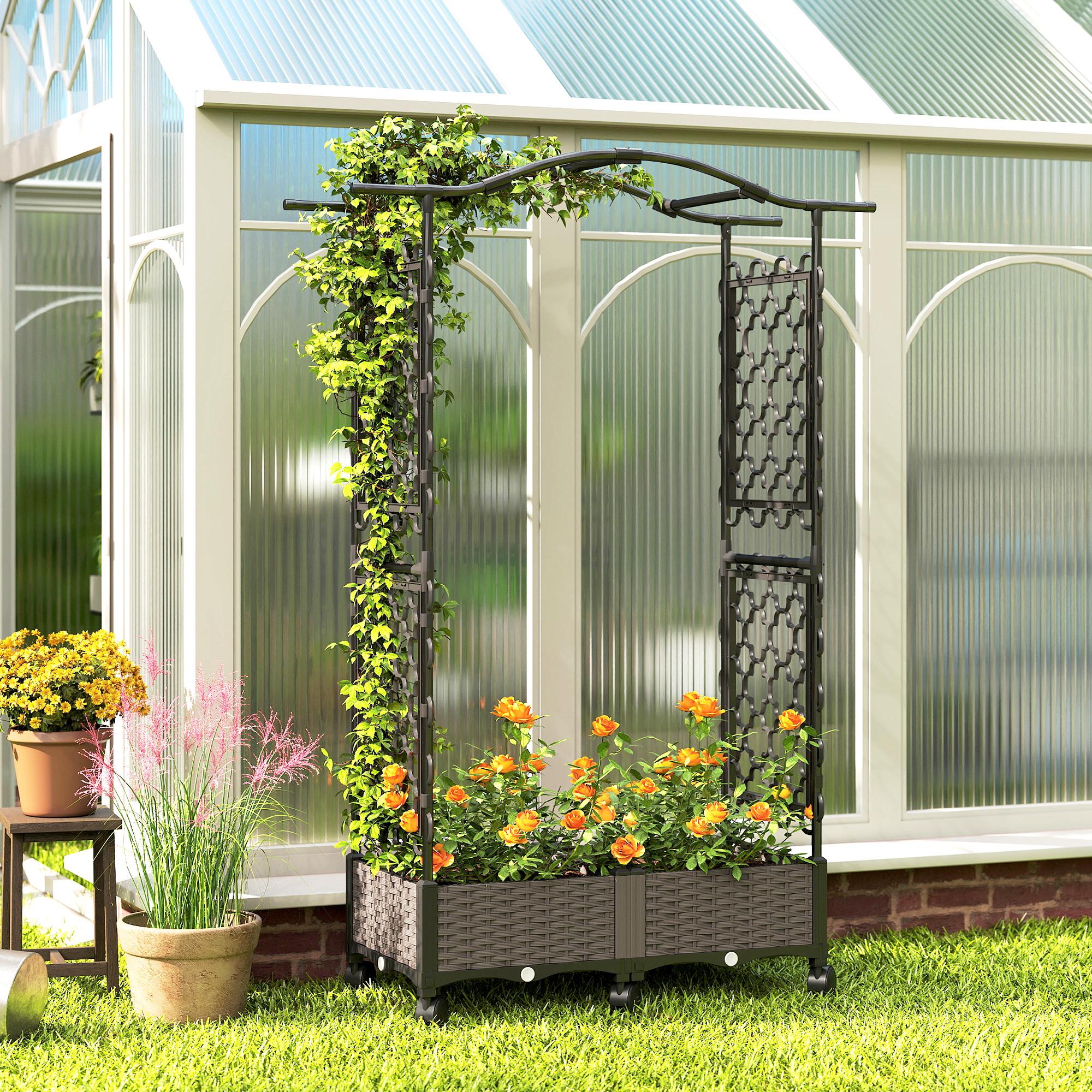Outsunny Raised Garden Bed with Arch Trellis, Raised Bed for Garden on Wheels with Side Trellis, Self Watering Planter Box 