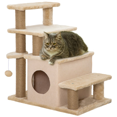 PawHut Adjustable Cat Steps, with House & Hanging Toy Ball - Beige 