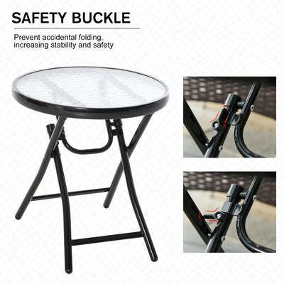 Outsunny Foldable Garden Table, Round Folding Table with Glass Tabletop and Safety Buckle for Patio, Garden, Outdoor, Indoor, Black 