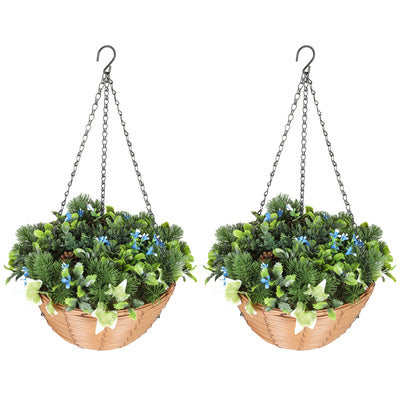 HOMCOM Pack of 2 Faux Plant Artificial Lisianthus Flowers, Hanging Planters with Basket, PE Leaves, 18 Flowers and 3 Pinecones, Decorative Faux Plants for Home Office Decor, Green 