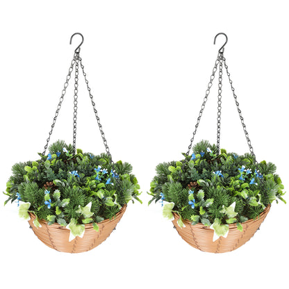 HOMCOM Pack of 2 Faux Plant Artificial Lisianthus Flowers, Hanging Planters with Basket, PE Leaves, 18 Flowers and 3 Pinecones, Decorative Faux Plants for Home Office Decor, Green