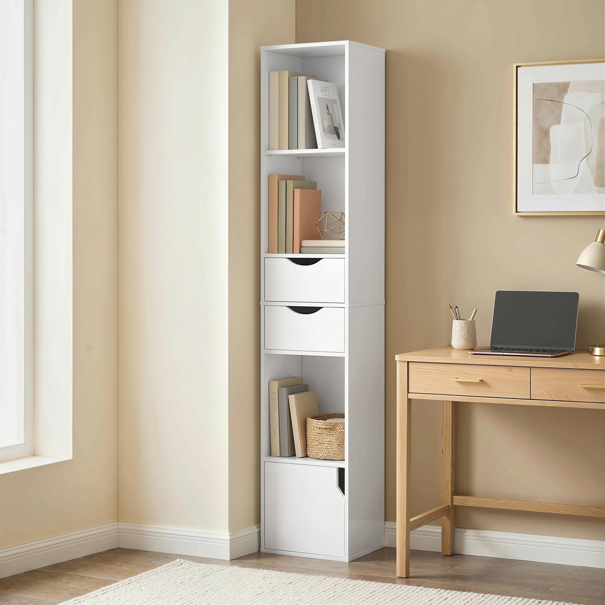 HOMCOM Bookcase with Drawers Adjustable Shelf Bookshelf with 2 Drawers and Cabinet 158 cm White 