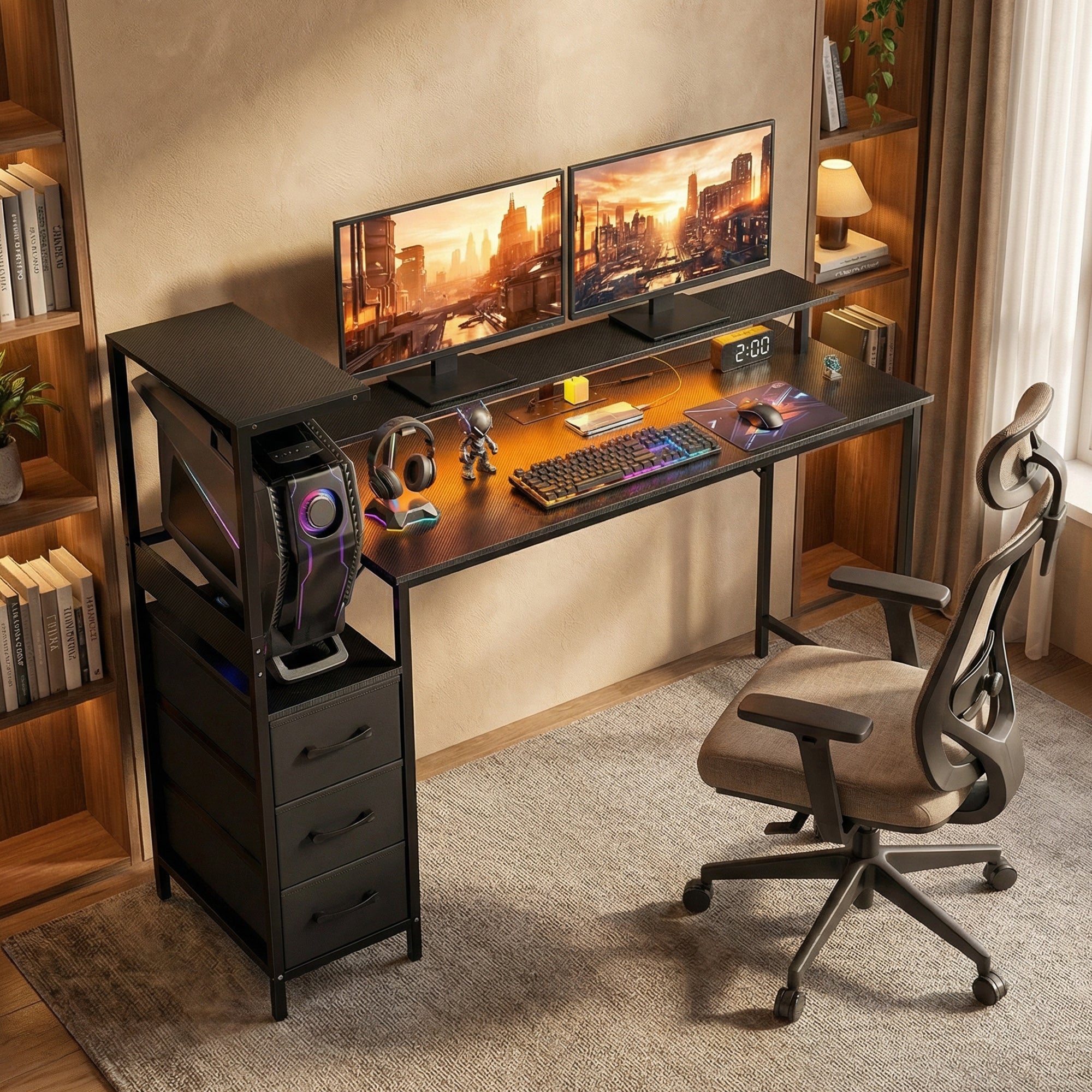 HOMCOM 147cm Gaming Desk with Charging Station and Monitor Stand, Computer Table for Home Office with RGB Lights, Black 
